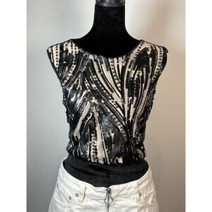 Bebe Black Silver Sequin Sleeveless Top Womens Small Made‎ in USA Party Y2K Glam